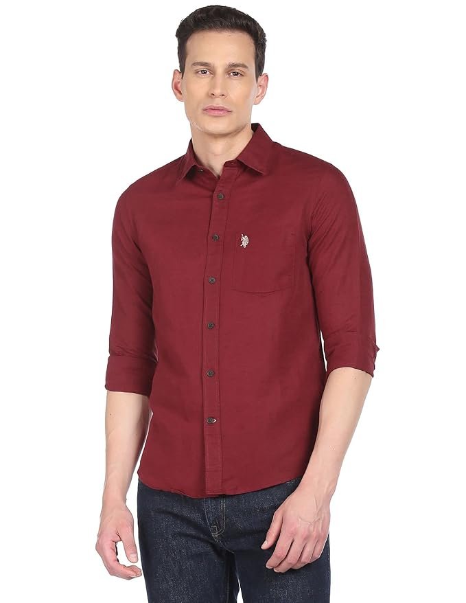 U.S. Polo ASSN. Men's Solid Cotton Linen Tailored Fit Spread Collar Casual Shirt