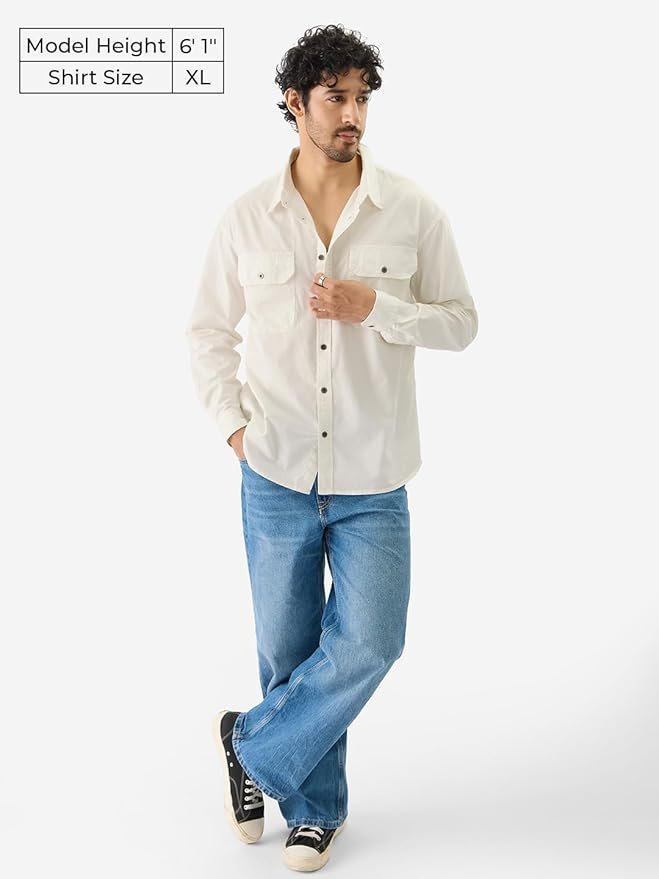 The Souled Store Solids: Off White Men and Boys Long Sleeve Collared Neck Button Down Regular Fit Cotton Utility Shirts - Image 3