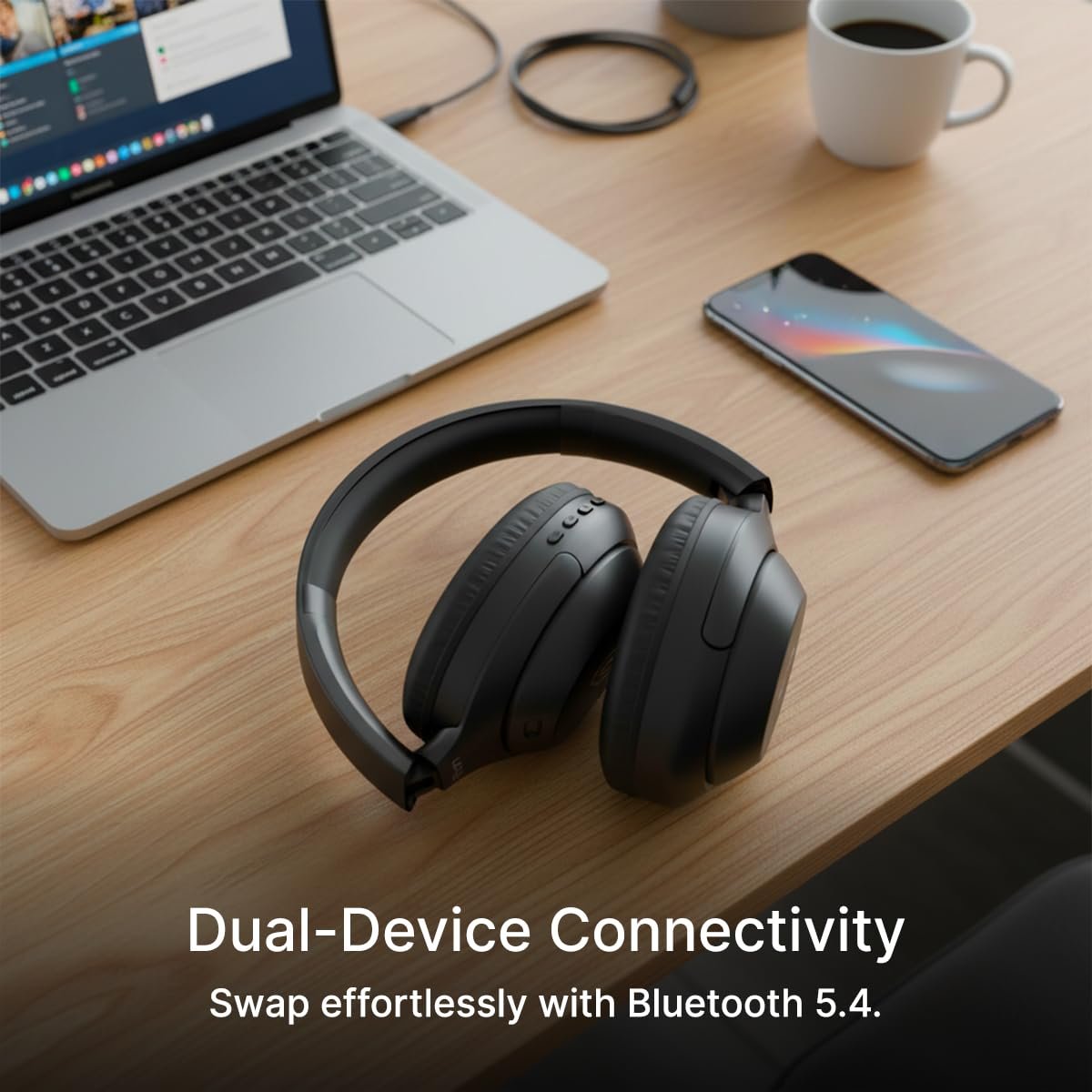 pTron Studio Classic w/ 75Hrs Playtime, Wireless Over Ear Headphones w/HD Mic & TruTalk AI-ENC Calls, Low-Latency Game & Music, Deep Bass, BT5.4, Dual Device Pairing, & Type-C Charging (Black) - Image 2