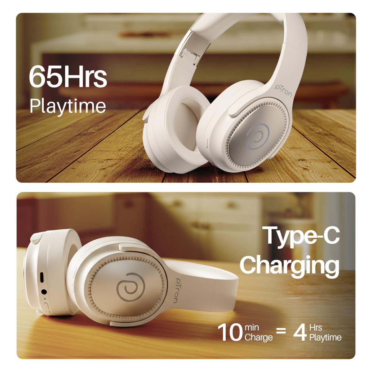 pTron Studio Pro w/ 65Hrs Playtime, Wireless Over Ear Headphones w/HD Mic & TruTalk AI-ENC Calls, Low-Latency Game & Music, 40mm Drivers, BT5.4, Dual Device Pairing & Type-C Fast Charging (Beige) - Image 4