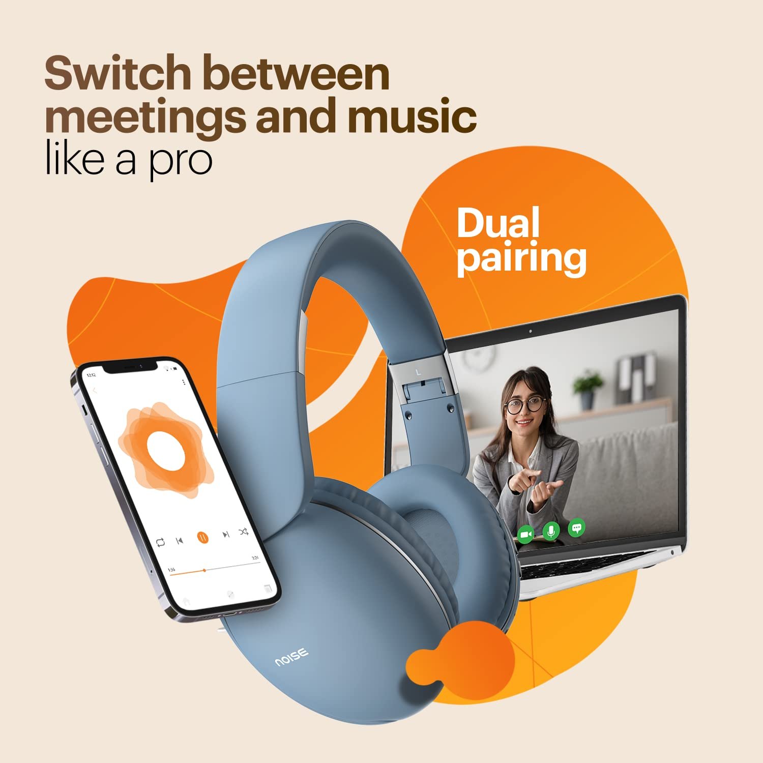 Noise Two Wireless On Ear Headphones with 50 Hours Playtime, Low Latency(up to 45ms), 4 Play Modes, Dual Pairing, BT v5.3 (Serene Blue) - Image 5