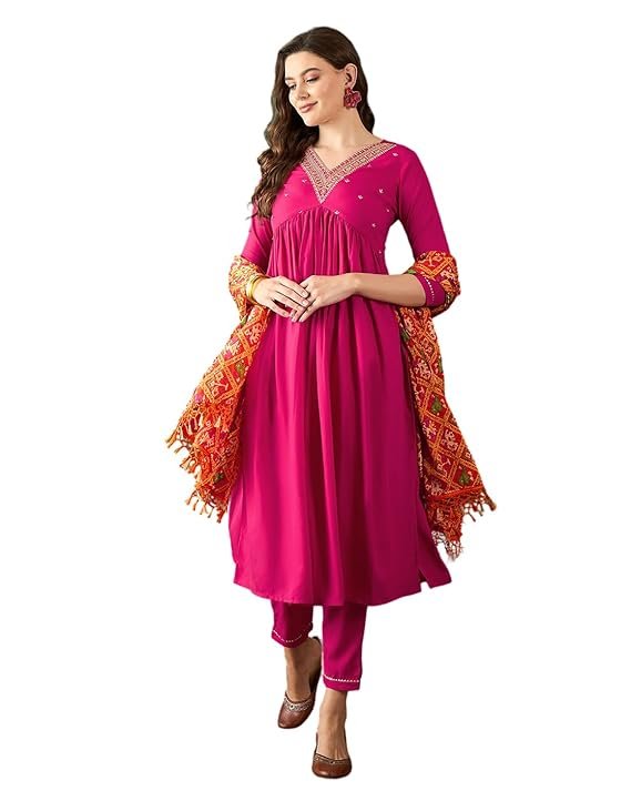 SheWill Women’s Mustard Embroidered Alia Cut Kurta with Pant & Dupatta – Crepe Ethnic Set