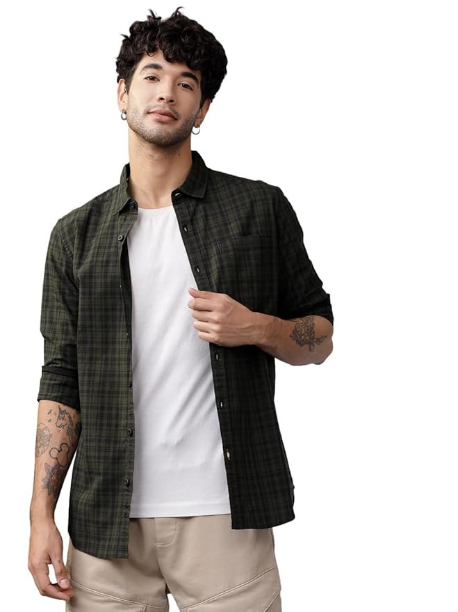 Highlander Men's Slim Fit Shirt for Men | Checks Shirt | Long Sleeves | Spread Collar | Casual Shirts | Men Shirts | Shirts for Men