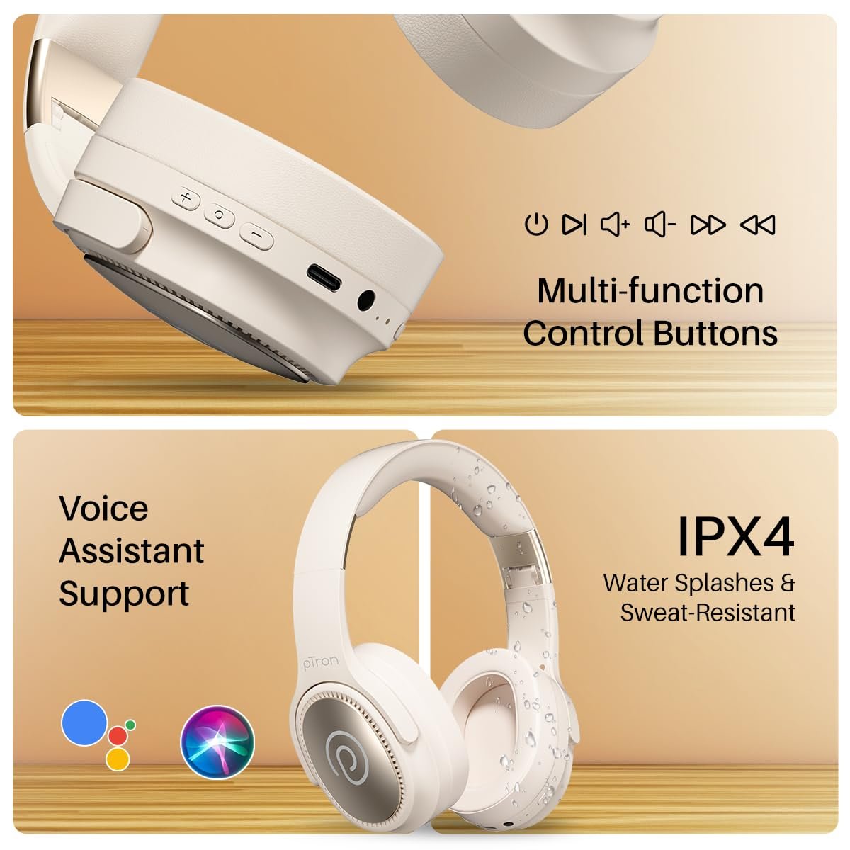 pTron Studio Pro w/ 65Hrs Playtime, Wireless Over Ear Headphones w/HD Mic & TruTalk AI-ENC Calls, Low-Latency Game & Music, 40mm Drivers, BT5.4, Dual Device Pairing & Type-C Fast Charging (Beige) - Image 7