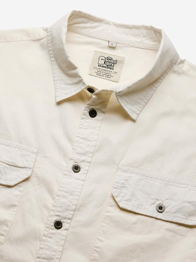 The Souled Store Solids: Off White Men and Boys Long Sleeve Collared Neck Button Down Regular Fit Cotton Utility Shirts - Image 4