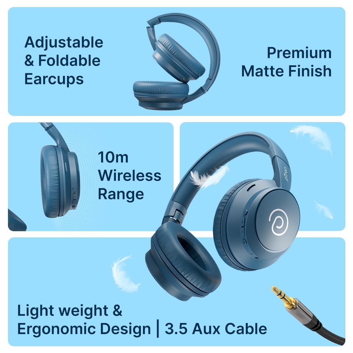 pTron Studio Evo 70hrs Playtime Wireless Over Ear Headphones with HD Mic, Low-Latency Game/Movie/Music Modes, Punchy Bass, BT5.3, Dual Device Pairing, Voice Assistant & Type-C Fast Charging (Blue) - Image 6