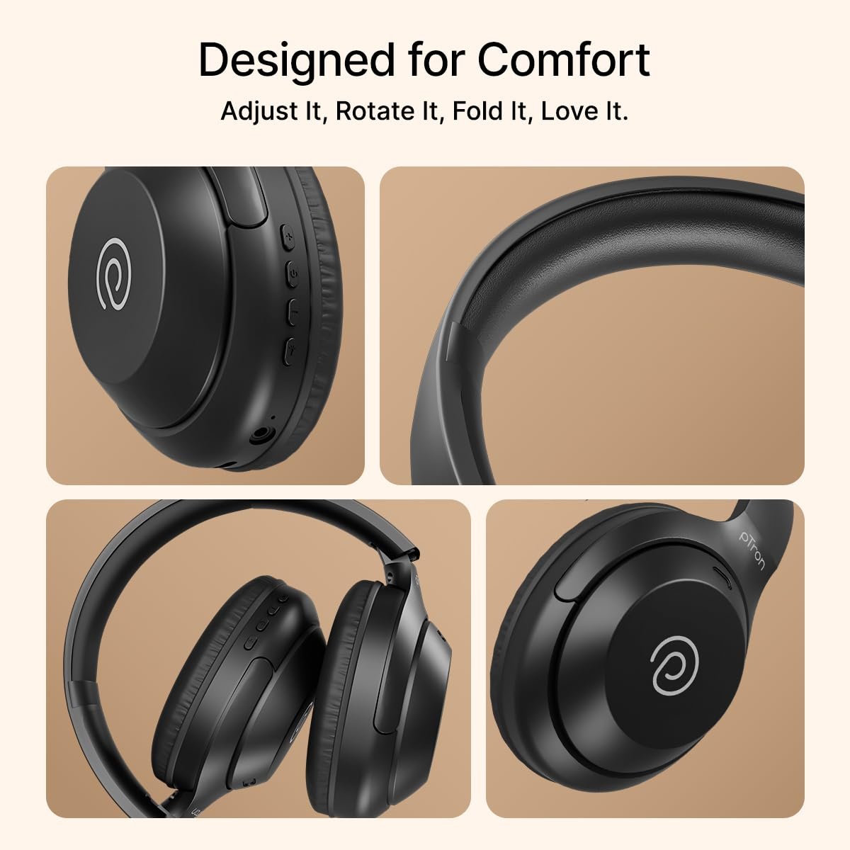 pTron Studio Classic w/ 75Hrs Playtime, Wireless Over Ear Headphones w/HD Mic & TruTalk AI-ENC Calls, Low-Latency Game & Music, Deep Bass, BT5.4, Dual Device Pairing, & Type-C Charging (Black) - Image 4