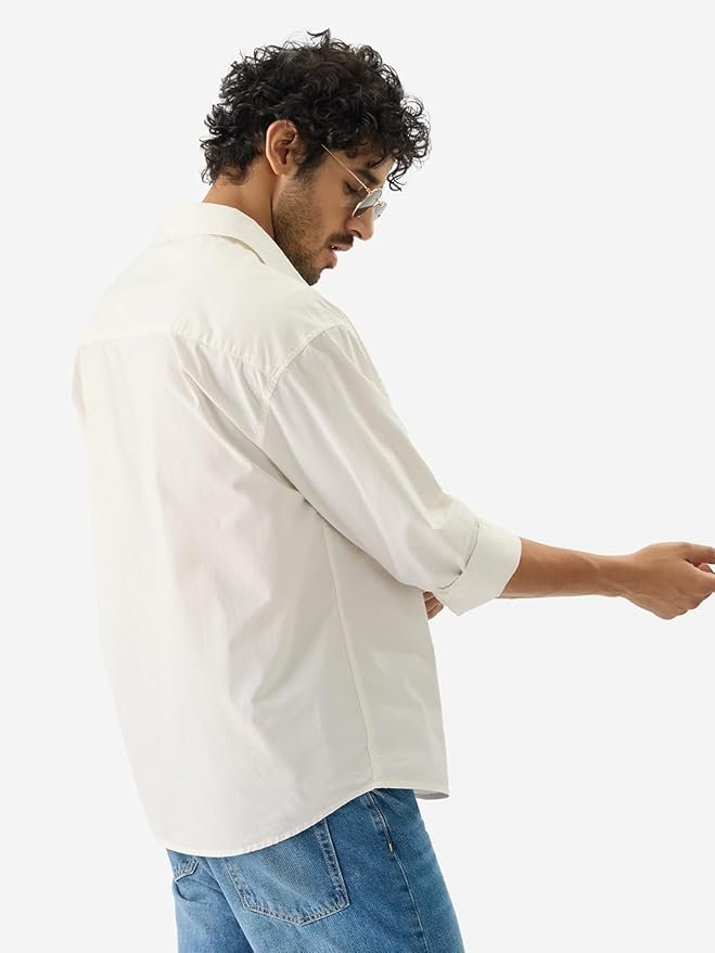 The Souled Store Solids: Off White Men and Boys Long Sleeve Collared Neck Button Down Regular Fit Cotton Utility Shirts - Image 5