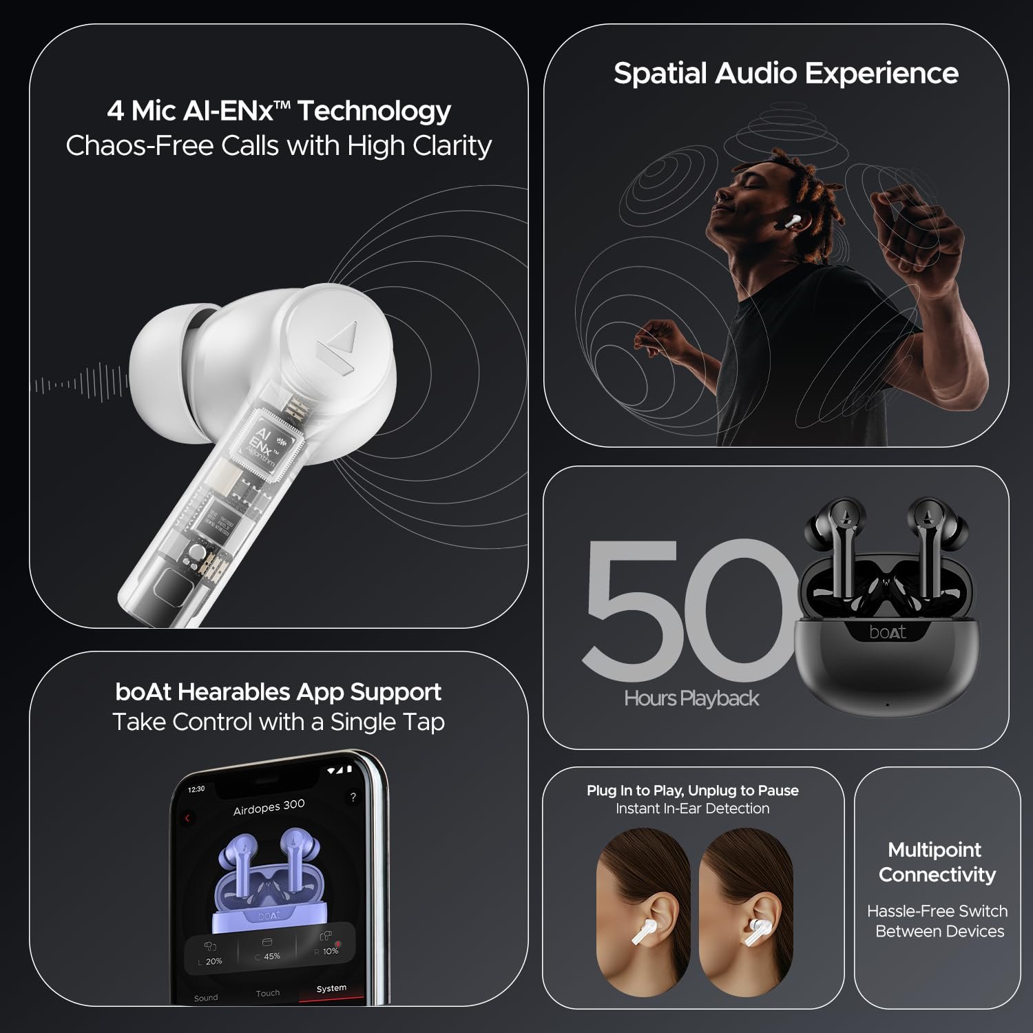 Boat Airdopes 300, Cinematic Spatial Audio, 50HRS Battery, 4Mic AI ENx, Fast Charge, App Support, Low Latency, IPX4, v5.3 Bluetooth Earbuds, TWS Ear Buds Wireless Earphones with mic (Gunmetal Black) - Image 10