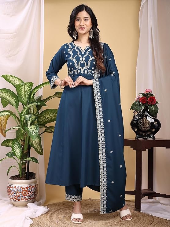 Granthva Fab Women Embroidered Silk Anarkali Kurta Pant Set with Dupatta - Image 4