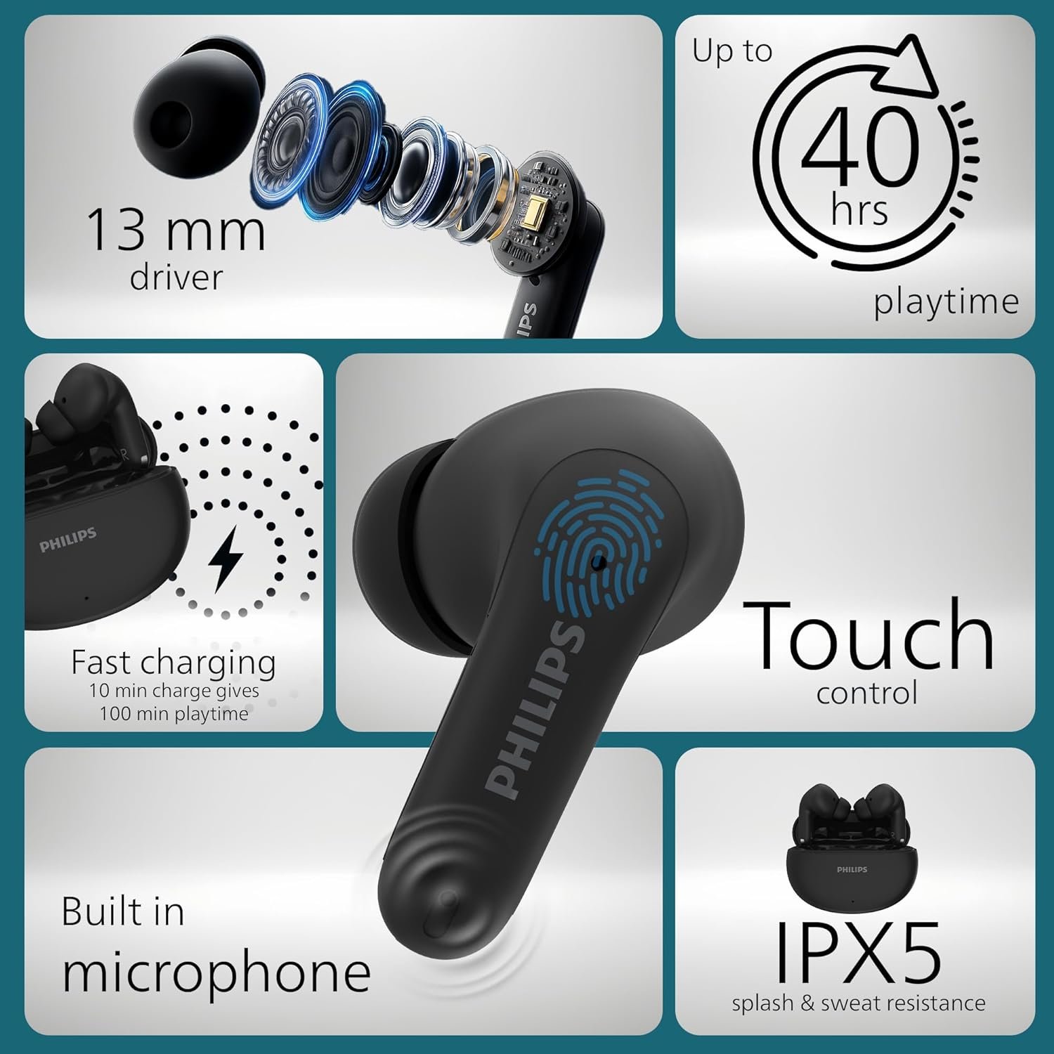 Philips TAT1269 Bluetooth Truly Wireless in Ear Earbuds with mic, 13mm Drivers, Bluetooth 5.4, 40H Playtime, IPX5, Fast Charging, Touch Controls, Voice Assistant, Mono Mode, LED Indicator (Deep Black) - Image 3