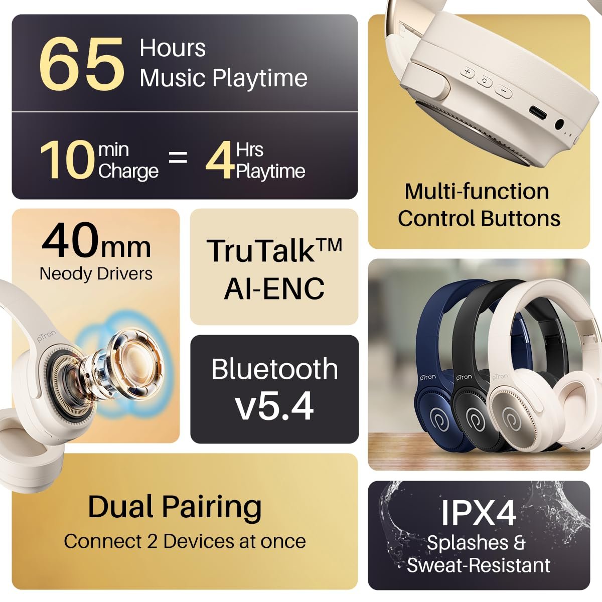 pTron Studio Pro w/ 65Hrs Playtime, Wireless Over Ear Headphones w/HD Mic & TruTalk AI-ENC Calls, Low-Latency Game & Music, 40mm Drivers, BT5.4, Dual Device Pairing & Type-C Fast Charging (Beige) - Image 8