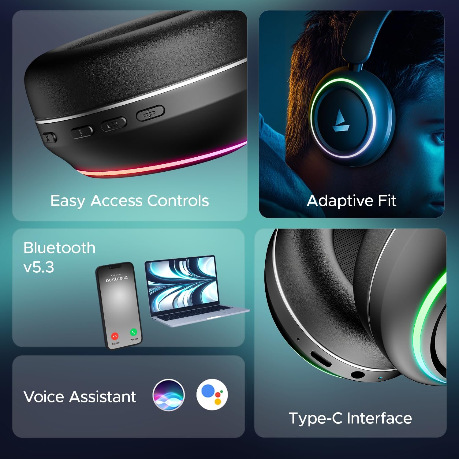 boAt Rockerz 480, RGB LEDs,6 Light Modes, 40mm Drivers,Beast Mode, 60H Battery, ENx Tech, Stream Ad Free Music via App Support, Bluetooth Headphones, Wireless Over Ear Headphone with Mic (Black Sabre) - Image 4