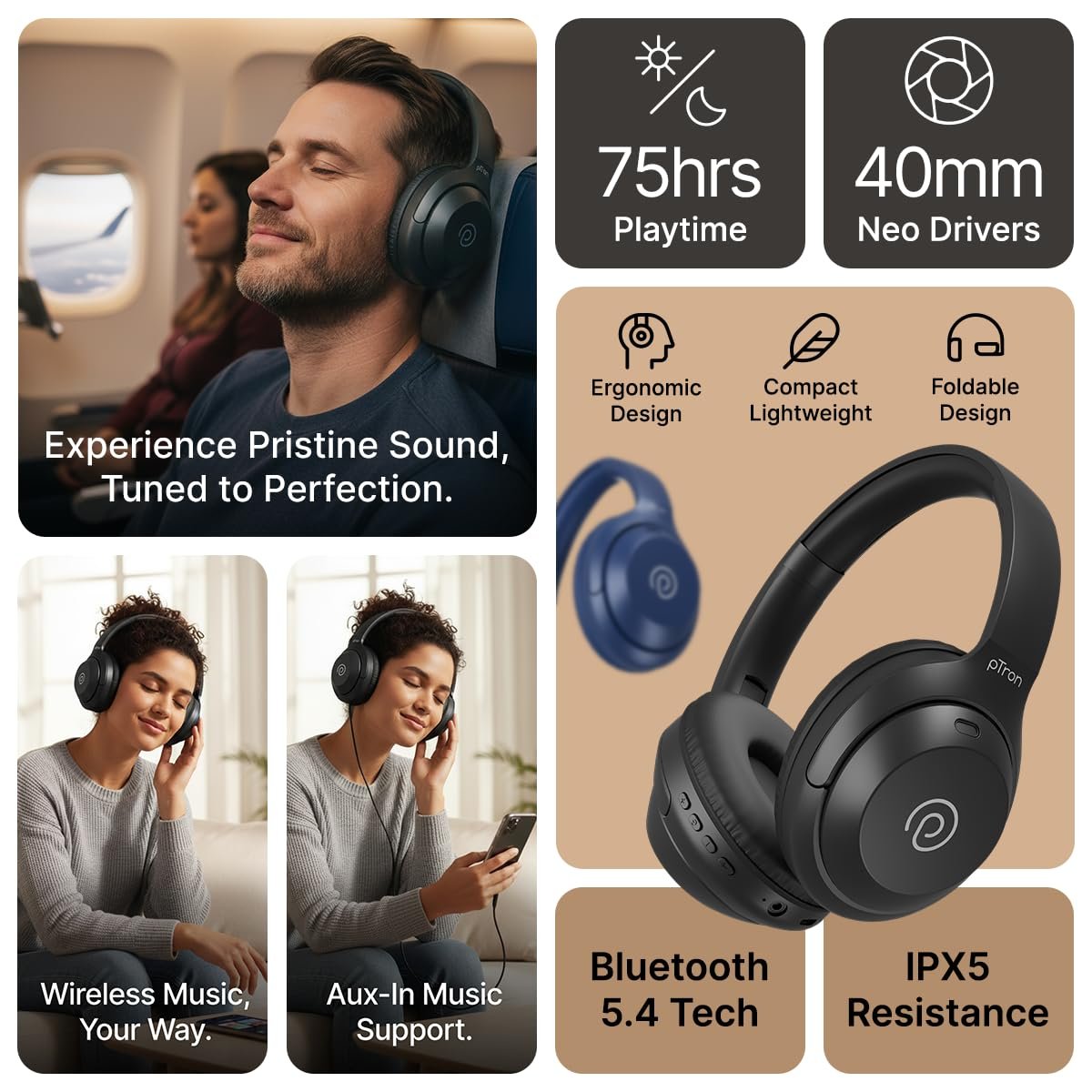 pTron Studio Classic w/ 75Hrs Playtime, Wireless Over Ear Headphones w/HD Mic & TruTalk AI-ENC Calls, Low-Latency Game & Music, Deep Bass, BT5.4, Dual Device Pairing, & Type-C Charging (Black) - Image 6