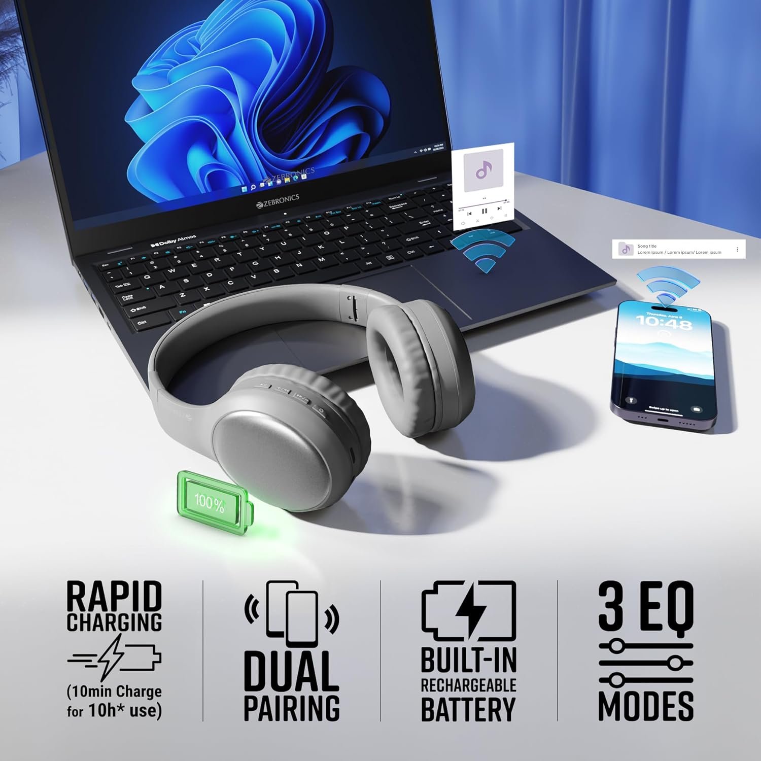 ZEBRONICS Thunder Max Bluetooth Over Ear Headphone with 120*Hrs Playback, 3 EQ Modes, 40mm Bass Driver, Fast Charging, Gaming Mode, Dual Pairing, BT v5.4, AUX, Metallic Finish (Grey) - Image 4