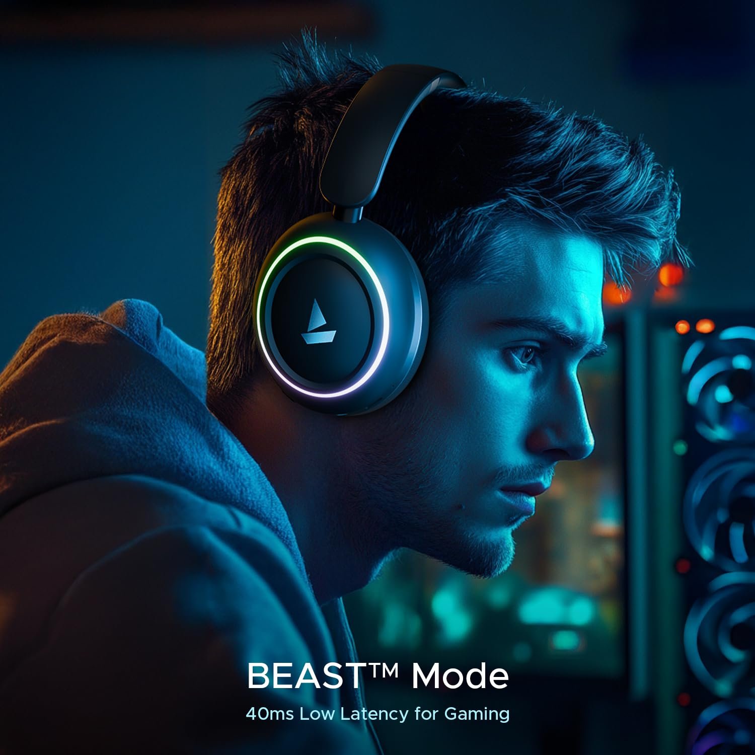 boAt Rockerz 480, RGB LEDs,6 Light Modes, 40mm Drivers,Beast Mode, 60H Battery, ENx Tech, Stream Ad Free Music via App Support, Bluetooth Headphones, Wireless Over Ear Headphone with Mic (Black Sabre) - Image 5