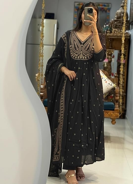 ANNI Designer Women Rayon Viscose Embroidered Anarkali Kurta Pant Dupatta Set - Image 2