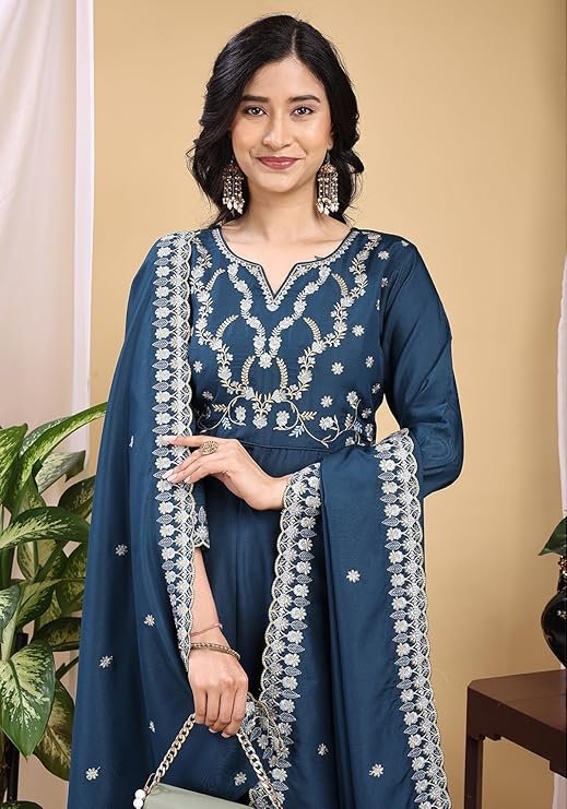Granthva Fab Women Embroidered Silk Anarkali Kurta Pant Set with Dupatta - Image 2