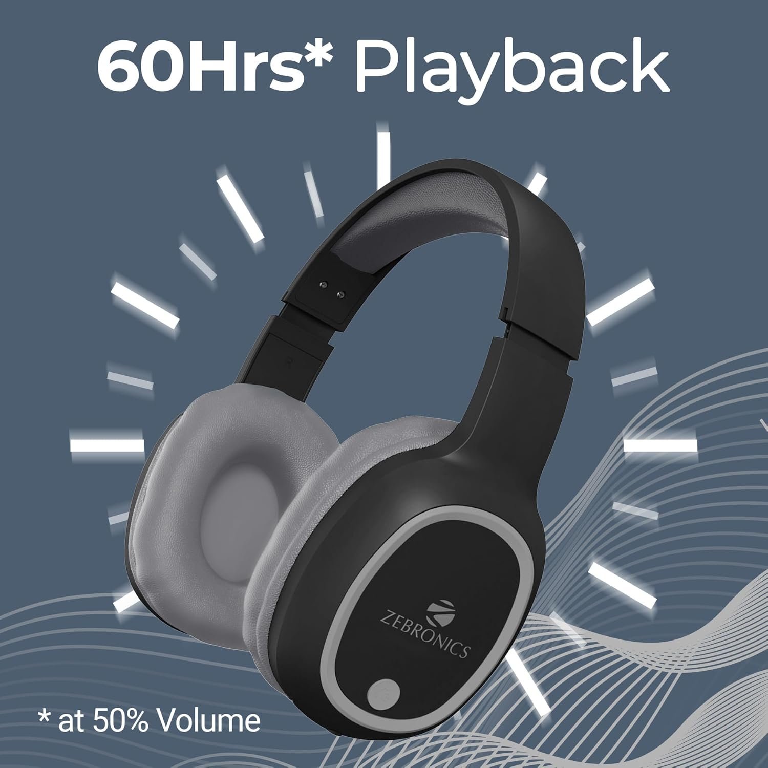 Zebronics Wireless Headphones, Upto 60Hrs Playback, 40mm Drivers, BT v6.0, AUX, Micro SD, Media/Volume Control, Type-C Charging, Dual Pairing, Gaming Mode, Adjustable Headband (Thunder, Black) - Image 5