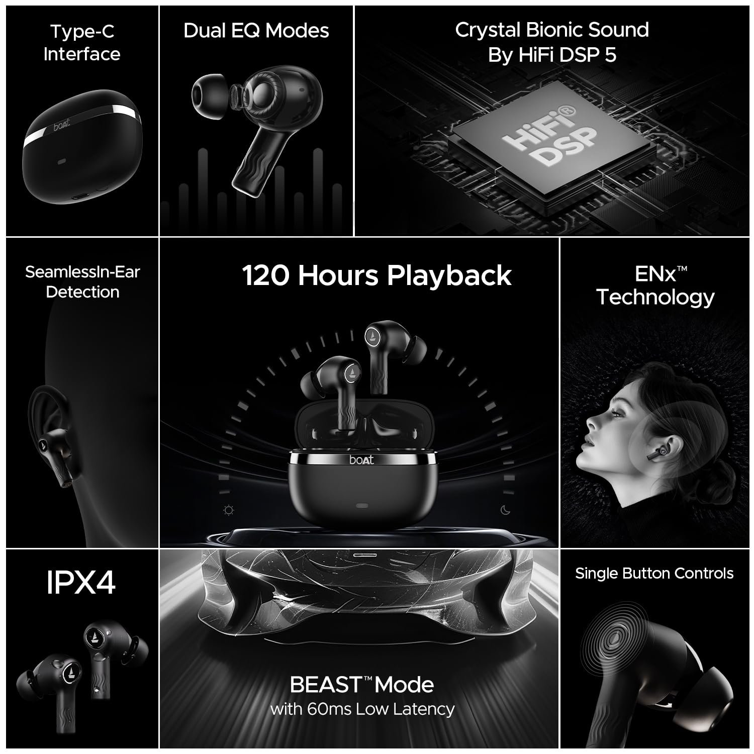 Boat Nirvana Ion, 120HRS Battery, Crystal Bionic Sound w/Dual EQ Modes, 4Mics ENx, App Support, Low Latency, IPX4, v.5.2 Bluetooth Earbuds, TWS Ear Buds Wireless Earphones with mic (Charcoal Black) - Image 3