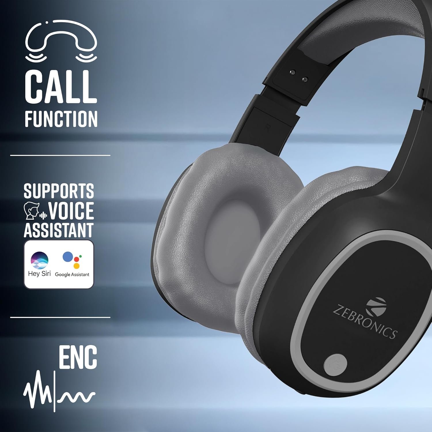 Zebronics Wireless Headphones, Upto 60Hrs Playback, 40mm Drivers, BT v6.0, AUX, Micro SD, Media/Volume Control, Type-C Charging, Dual Pairing, Gaming Mode, Adjustable Headband (Thunder, Black) - Image 6