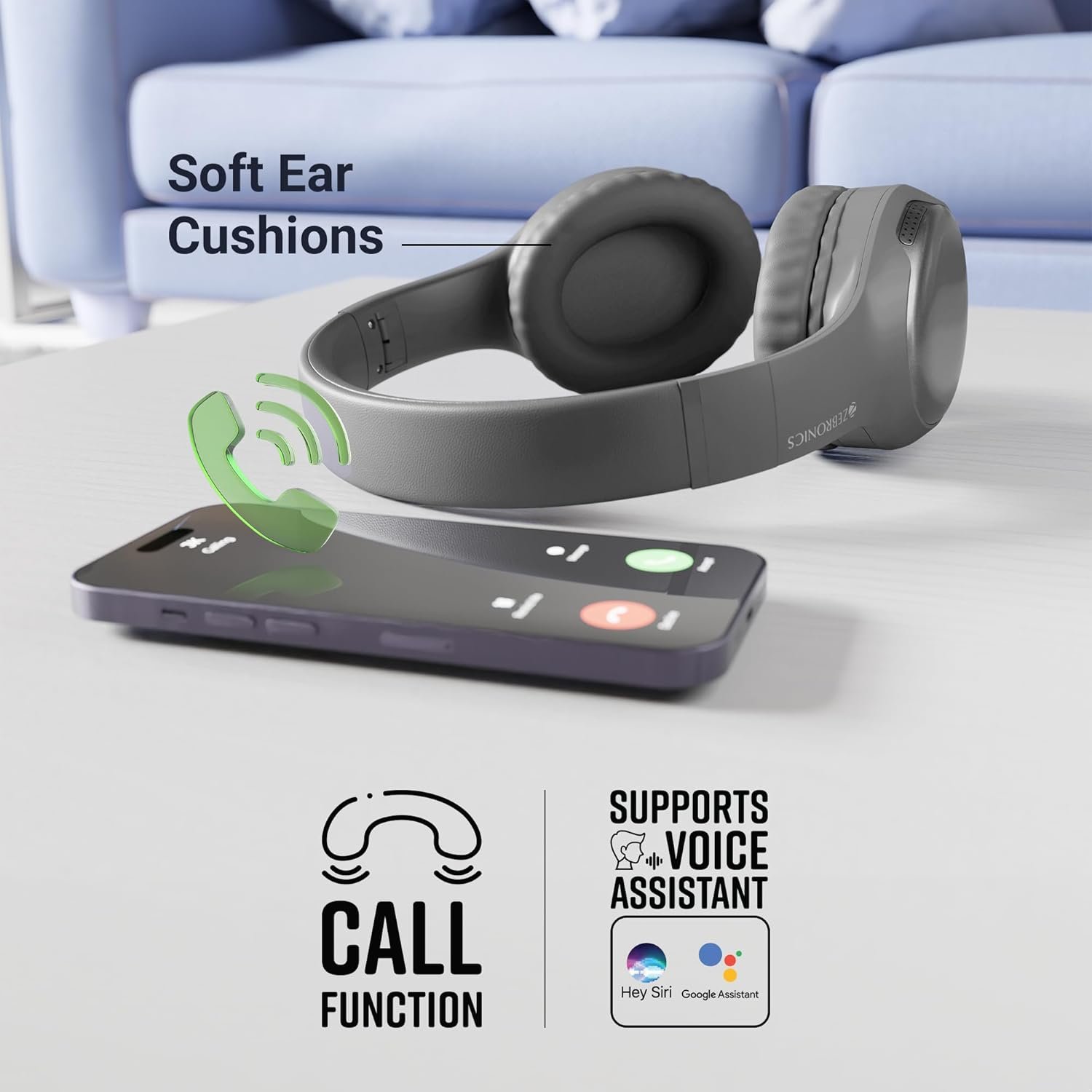 ZEBRONICS Thunder Max Bluetooth Over Ear Headphone with 120*Hrs Playback, 3 EQ Modes, 40mm Bass Driver, Fast Charging, Gaming Mode, Dual Pairing, BT v5.4, AUX, Metallic Finish (Grey) - Image 3