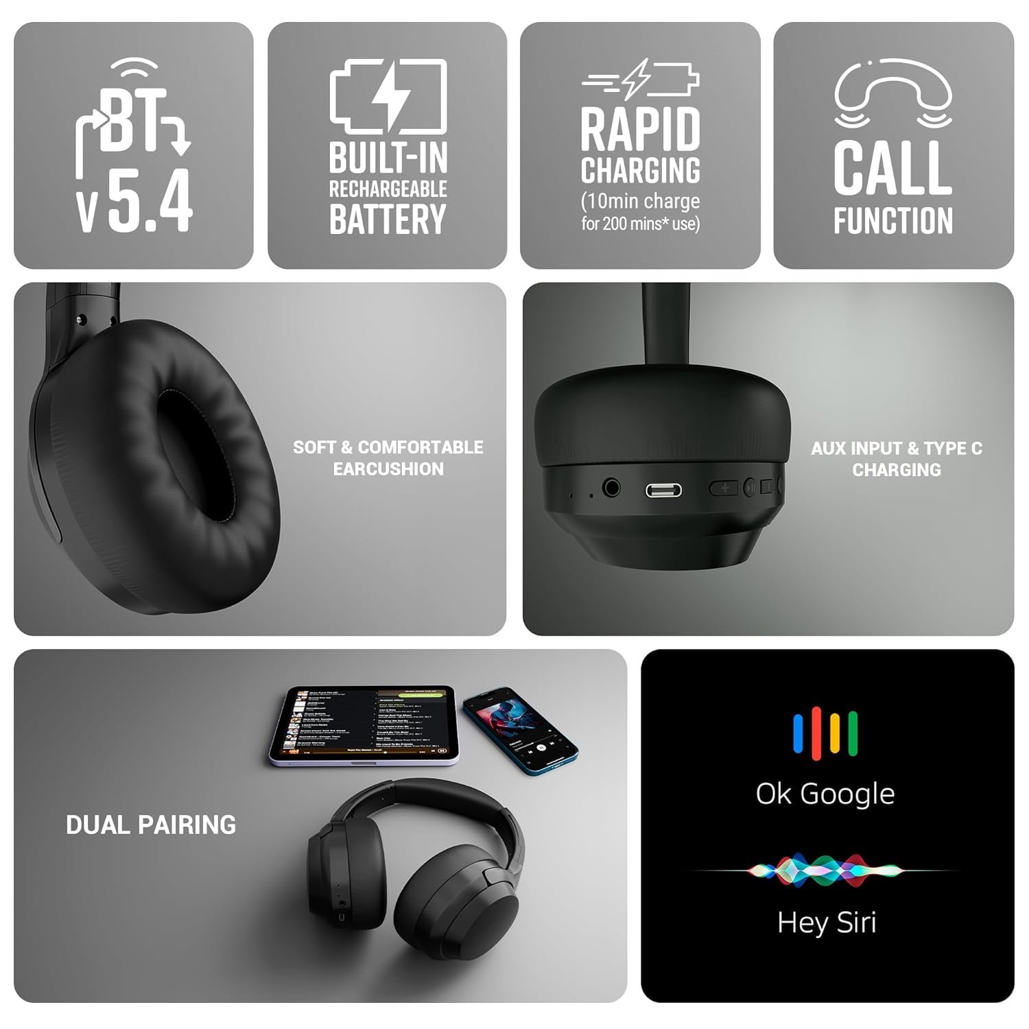 ZEBRONICS Duke Plus, Wireless Over Ear Headphone with ANC, ENC, Gaming Mode, Dual Pairing, Rapid Charge, Upto 70* Hours Backup, Bluetooth v5.4, AUX, Comfortable Earcushion, Deep Bass (Black) - Image 5