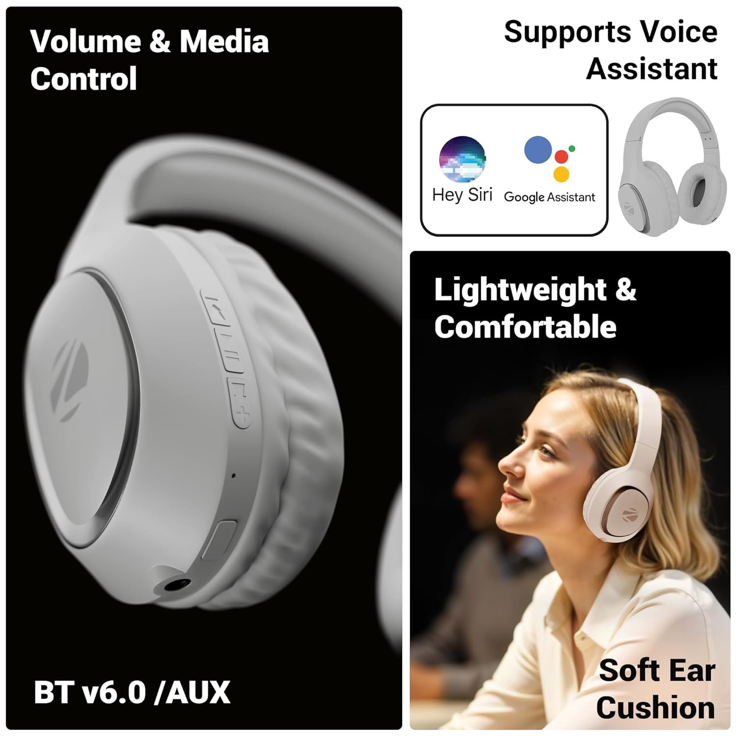 ZEBRONICS Thunder NEO, Wireless Over Ear Headphone, Upto 60 Hours Backup, Gaming Mode, Dual Pairing, Rapid Charge, BT v5.4, AUX, 3 EQ Modes, ENC for Callling, Voice Assistant, Deep Bass (Silver) - Image 4