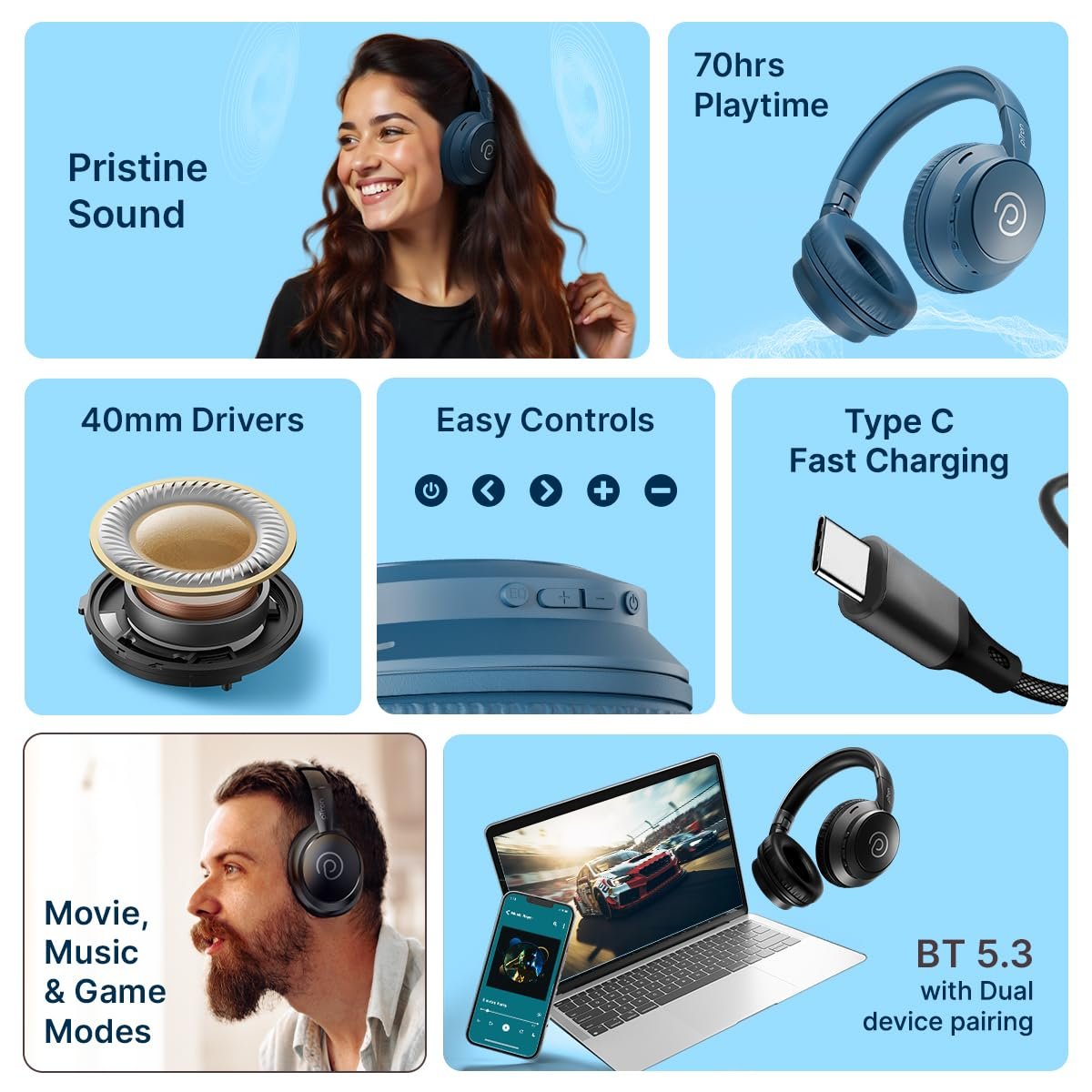 pTron Studio Evo 70hrs Playtime Wireless Over Ear Headphones with HD Mic, Low-Latency Game/Movie/Music Modes, Punchy Bass, BT5.3, Dual Device Pairing, Voice Assistant & Type-C Fast Charging (Blue) - Image 7