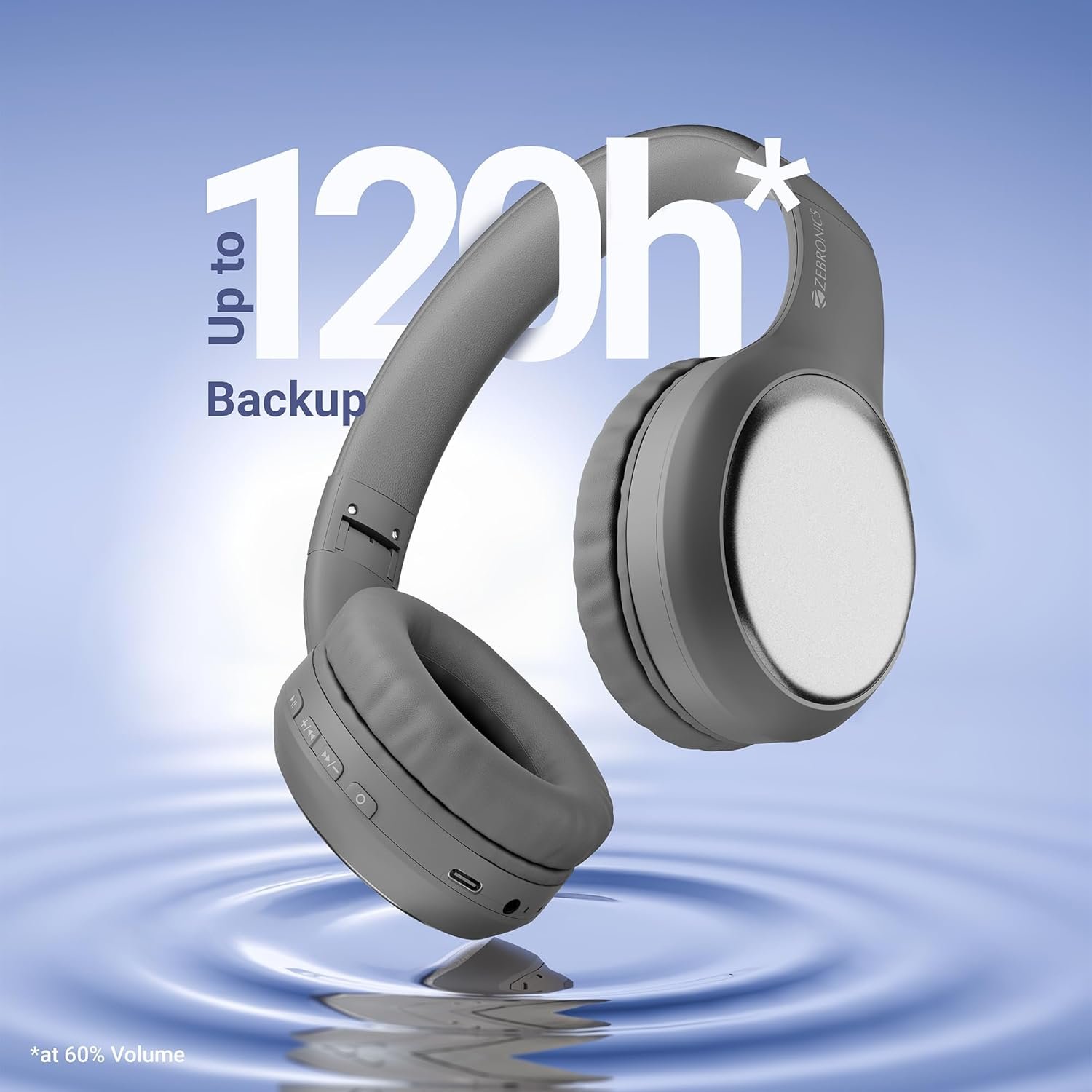 ZEBRONICS Thunder Max Bluetooth Over Ear Headphone with 120*Hrs Playback, 3 EQ Modes, 40mm Bass Driver, Fast Charging, Gaming Mode, Dual Pairing, BT v5.4, AUX, Metallic Finish (Grey) - Image 6