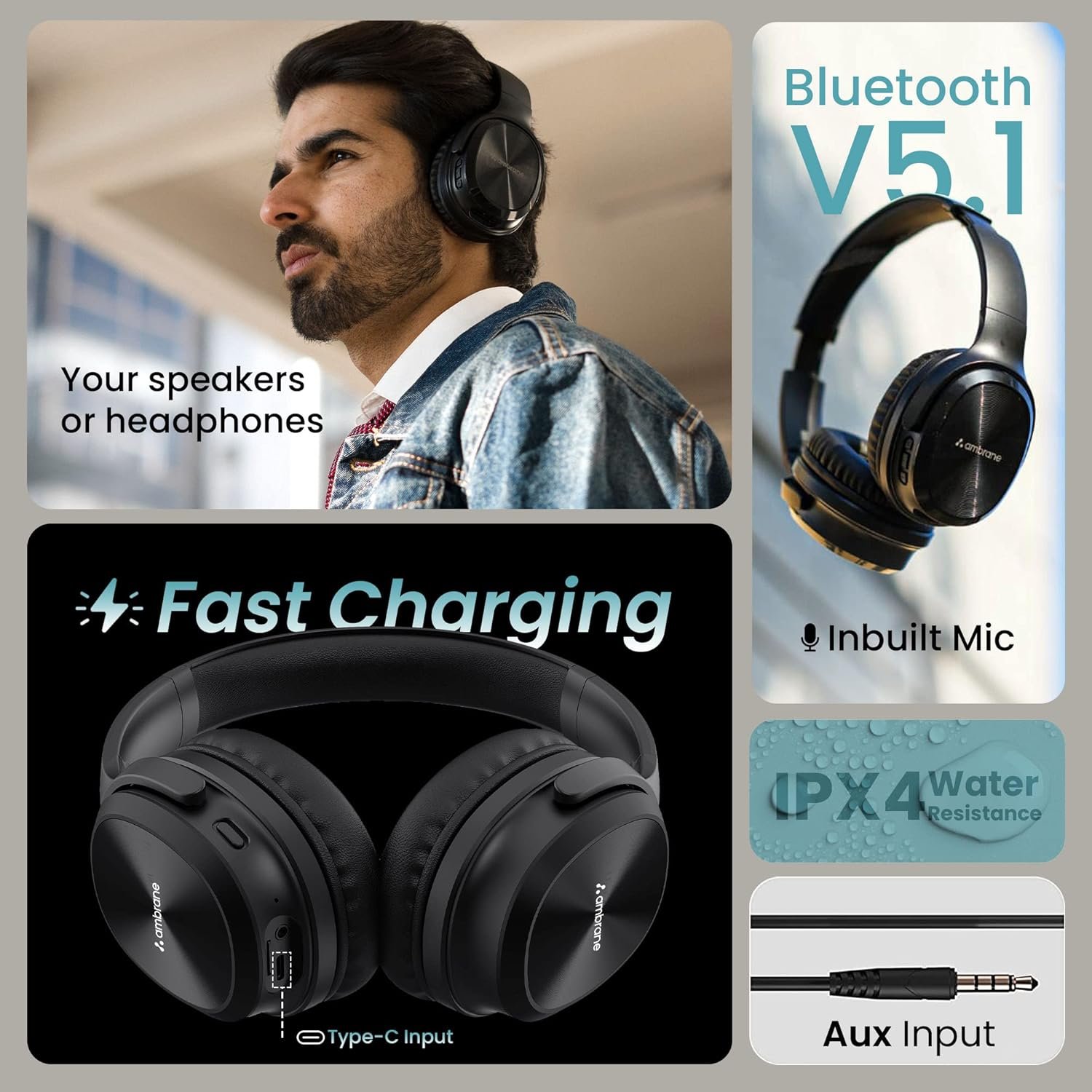 Ambrane RangerZ 2-in-1 Wireless Headphones Cum Speakers, Up to 8 Hrs Playtime, 40mm Drivers with BoostedBass™, Bluetooth V5.1, 180° Rotatable, AUX & SD Card Support, Multifunctional Buttons (Black) - Image 6