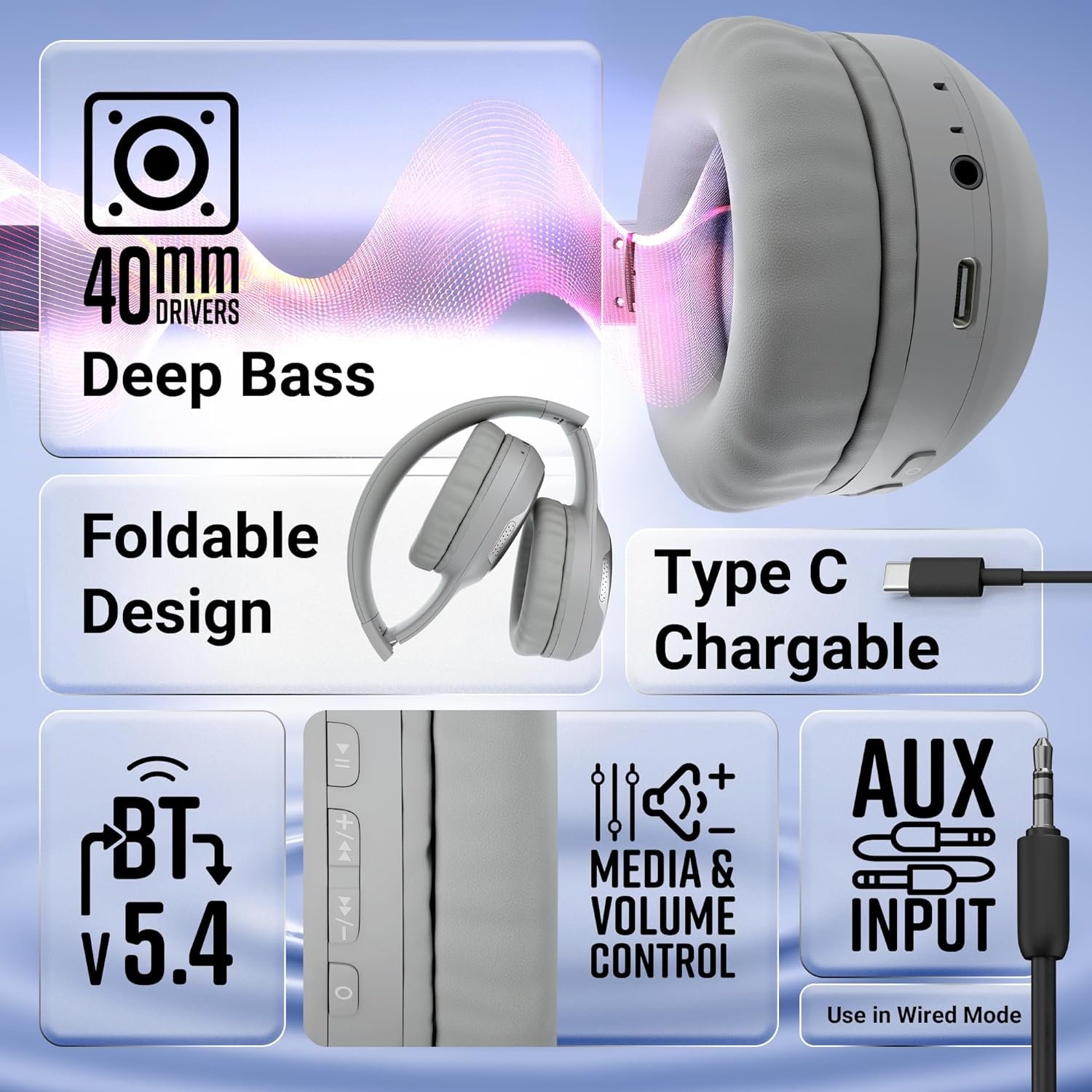 ZEBRONICS Thunder Max Bluetooth Over Ear Headphone with 120*Hrs Playback, 3 EQ Modes, 40mm Bass Driver, Fast Charging, Gaming Mode, Dual Pairing, BT v5.4, AUX, Metallic Finish (Grey) - Image 8