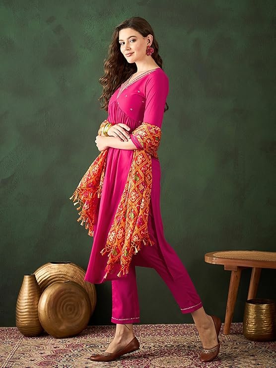 SheWill Women’s Mustard Embroidered Alia Cut Kurta with Pant & Dupatta – Crepe Ethnic Set - Image 2