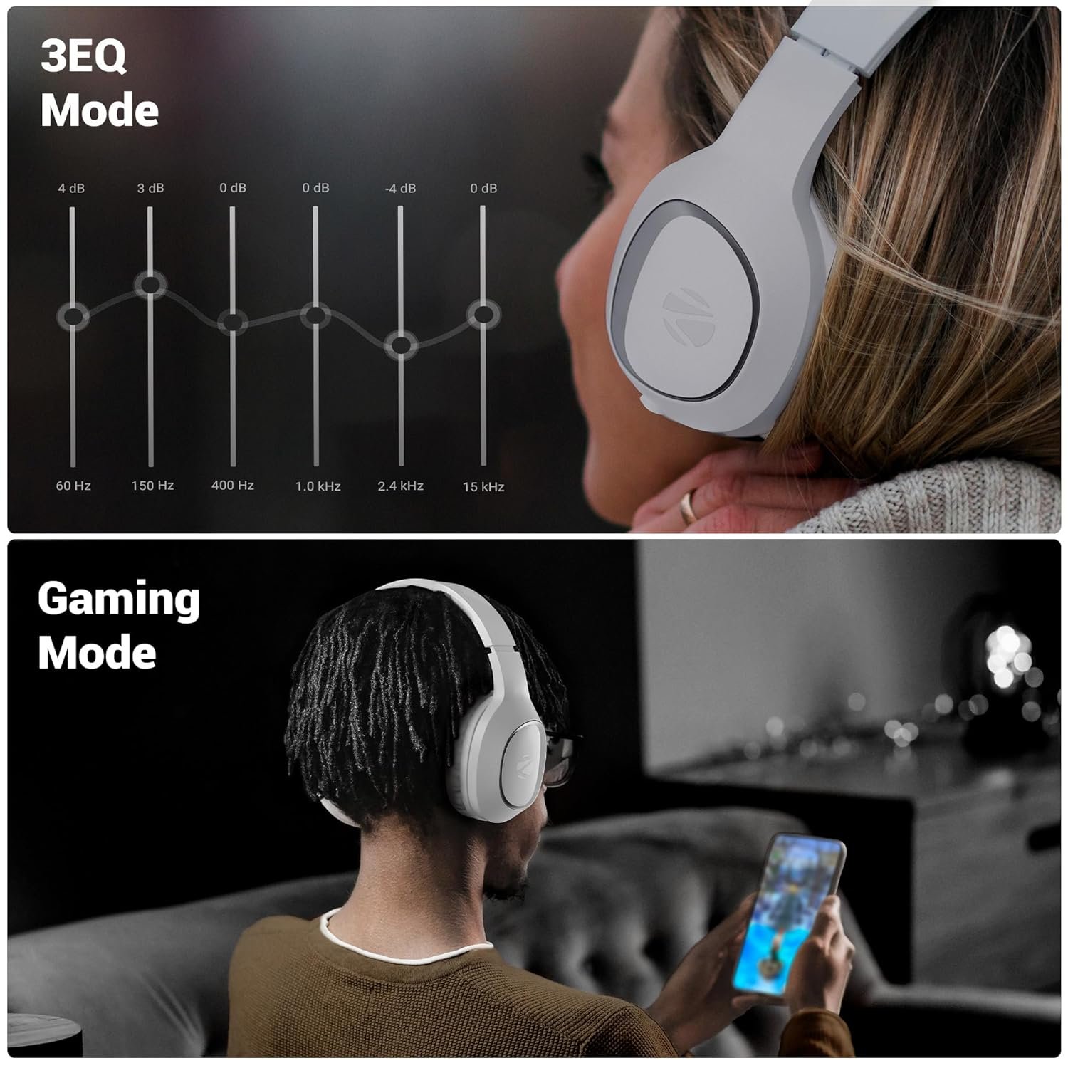 ZEBRONICS Thunder NEO, Wireless Over Ear Headphone, Upto 60 Hours Backup, Gaming Mode, Dual Pairing, Rapid Charge, BT v5.4, AUX, 3 EQ Modes, ENC for Callling, Voice Assistant, Deep Bass (Silver) - Image 6