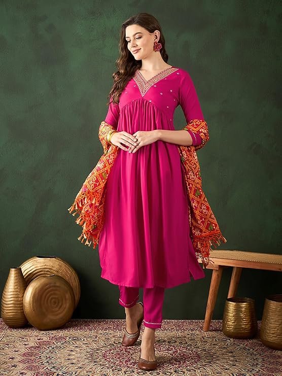 SheWill Women’s Mustard Embroidered Alia Cut Kurta with Pant & Dupatta – Crepe Ethnic Set - Image 5