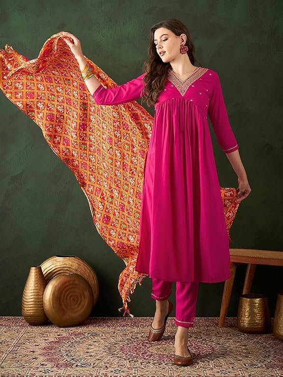 SheWill Women’s Mustard Embroidered Alia Cut Kurta with Pant & Dupatta – Crepe Ethnic Set - Image 3