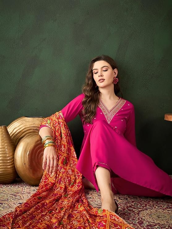 SheWill Women’s Mustard Embroidered Alia Cut Kurta with Pant & Dupatta – Crepe Ethnic Set - Image 4