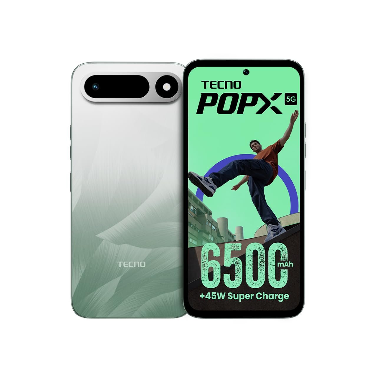Tecno POP X 5G (Ripple Green, 4GB+128GB) | 6500mAh+45W Fast Charger | IP64 Pro | MIL-STD 810H Protection | Upto 18GB* RAM | Fastest 8X Network Speed* with URSP | 120Hz Smooth Display | AI Flash Snap